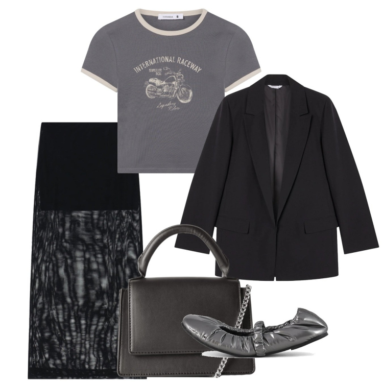 Outfit donna - Urban dark. Stile Urban per Serata fuori. Abbinamento con borse a tracolla, t-shirt, blazer, gonne lunghe, ballerine.