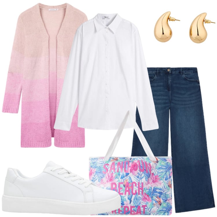 Outfit donna - Casual preferito. Stile Casual per Tutti i giorni. Abbinamento con camicie, orecchini, sneakers, cardigans, borse tote, jeans.