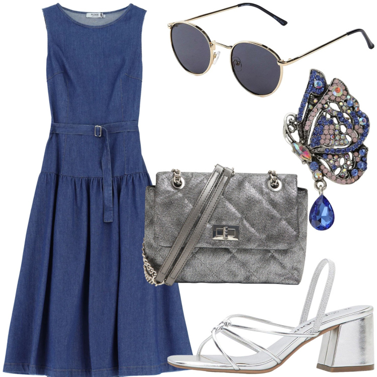 Outfit donna - Total look #2358545. Stile Casual per Ufficio. Abbinamento con occhiali da sole, sandali col tacco, borse a tracolla, ciondoli, vestiti lunghi.