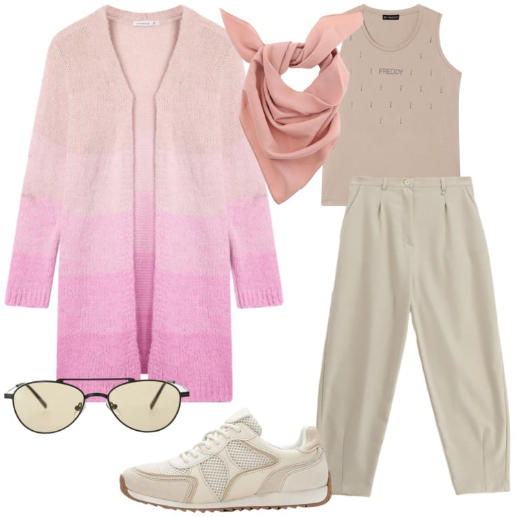 Outfit donna - Rosa urban. Stile Urban per Tutti i giorni. Abbinamento con sneakers alte, occhiali da sole, cardigans, pantaloni, foulard, canottiere.