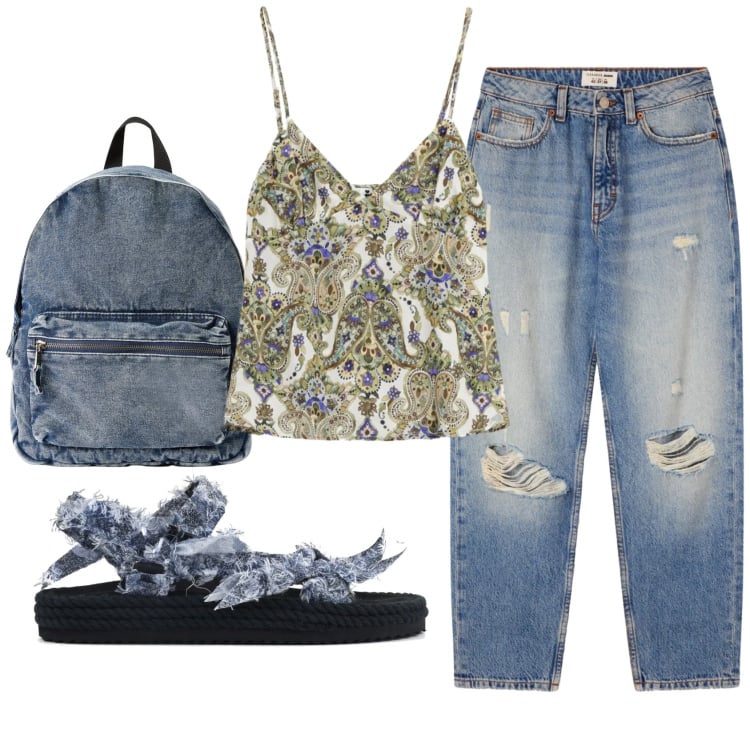Outfit donna - Total look #2358553. Stile Casual per Tutti i giorni. Abbinamento con zaini, jeans mom, top, sandali.