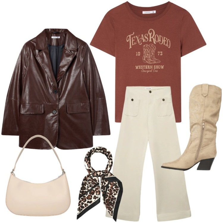 Outfit donna - Urbane style. Stile Urban per Tutti i giorni. Abbinamento con t-shirt, blazer, jeans, foulard, stivali, borse a tracolla.