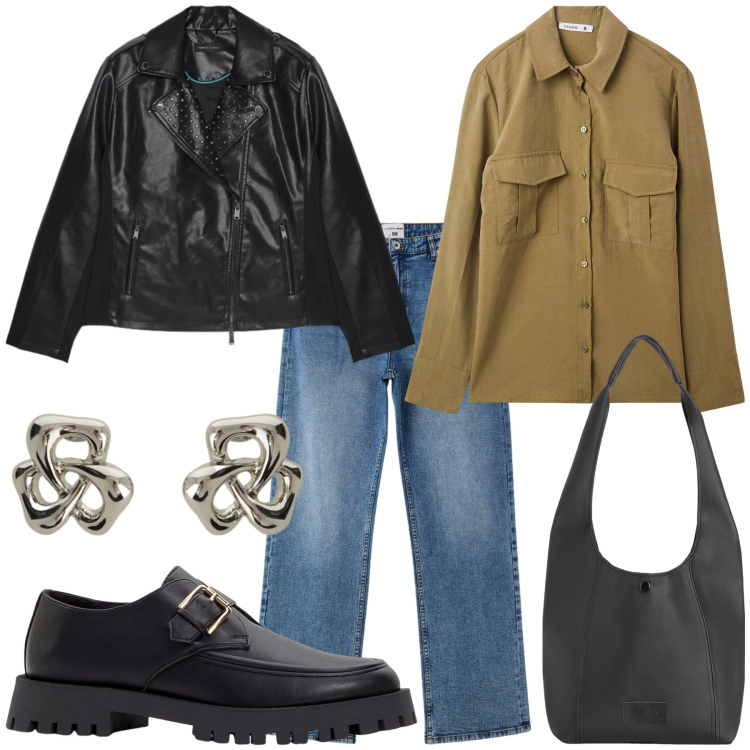 Outfit donna - Total look #2358564. Stile Casual chic per Tutti i giorni. Abbinamento con mocassini, camicie, jeans dritti, giacche, orecchini, borse a spalla.