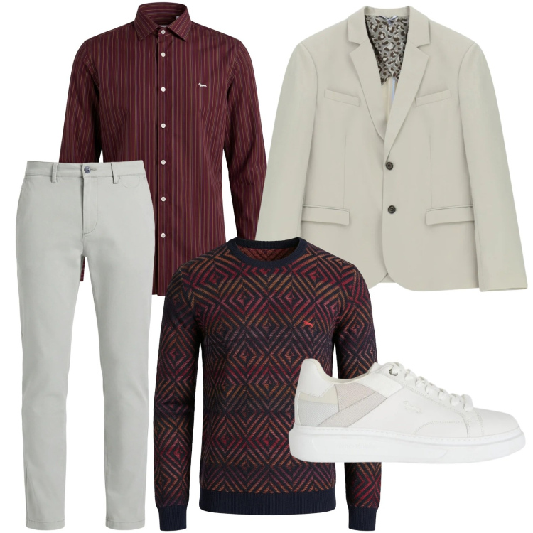 Outfit uomo - Look da giorno. Stile Trendy per Ufficio. Abbinamento con sneakers, camicie, pantaloni chino, pullovers, giacche.