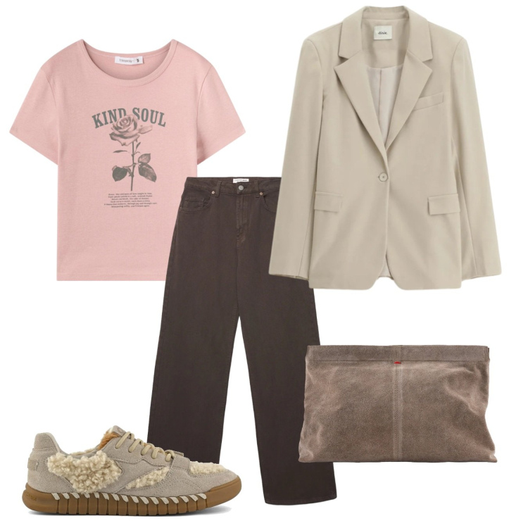 Outfit donna - Pink and sand. Stile Bon Ton per Tutti i giorni. Abbinamento con t-shirt, jeans, blazer, sneakers, pochette.