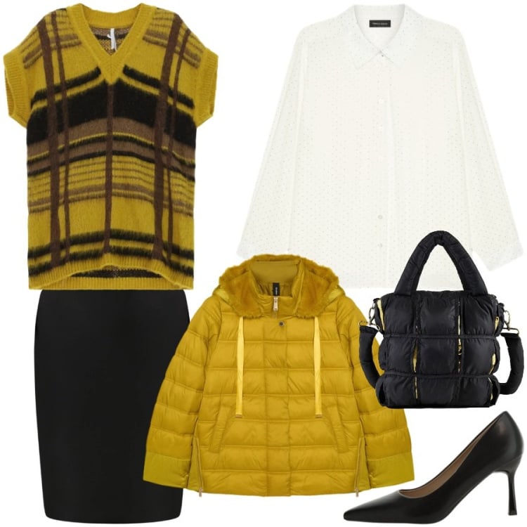 Outfit donna - Cena con le amiche. Stile Casual chic per Serata fuori. Abbinamento con maglieria, décolleté, piumini, camicie, gonne, borse a mano.