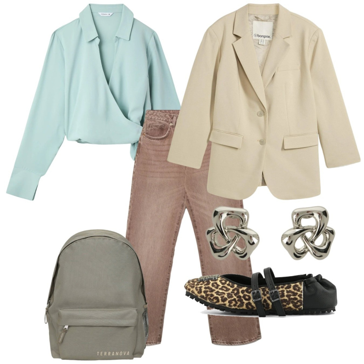 Outfit donna - Every day. Stile Basic per Tutti i giorni. Abbinamento con blazer, camicie, zaini, jeans dritti, orecchini, ballerine.