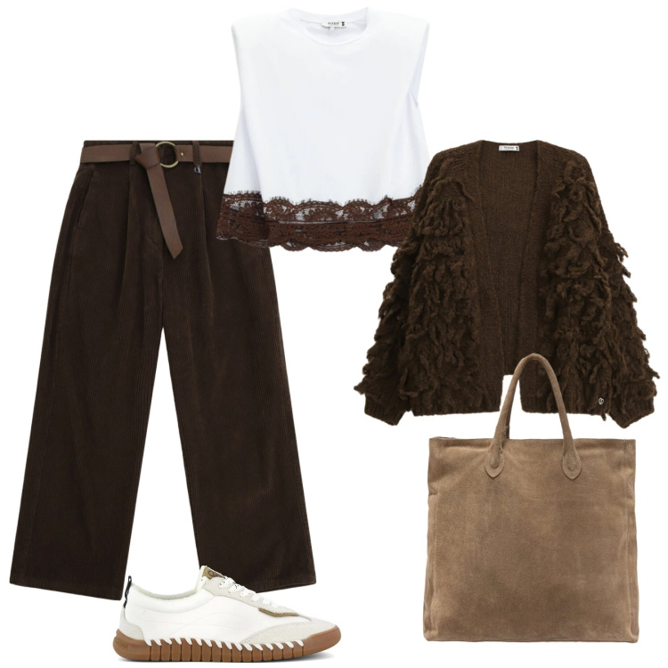 Outfit donna - Relaxed. Stile Casual per Tutti i giorni. Abbinamento con pantaloni a palazzo, top, cardigans, sneakers, borse a mano.