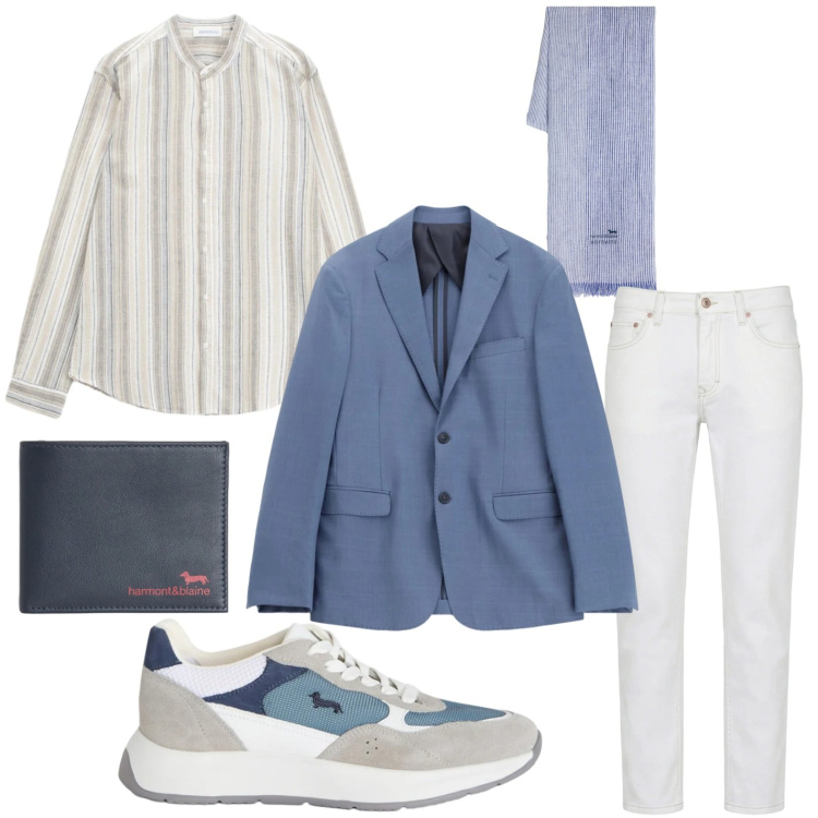 Outfit uomo - Blazer e sneakers. Stile Trendy per Tutti i giorni. Abbinamento con sneakers, jeans, portafogli, sciarpe, giacche, camicie.