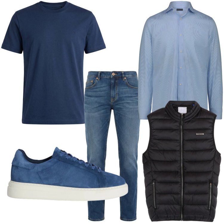 Outfit uomo - Il classico blu. Stile Casual per Ufficio. Abbinamento con sneakers, jeans, t-shirt, piumini, camicie.