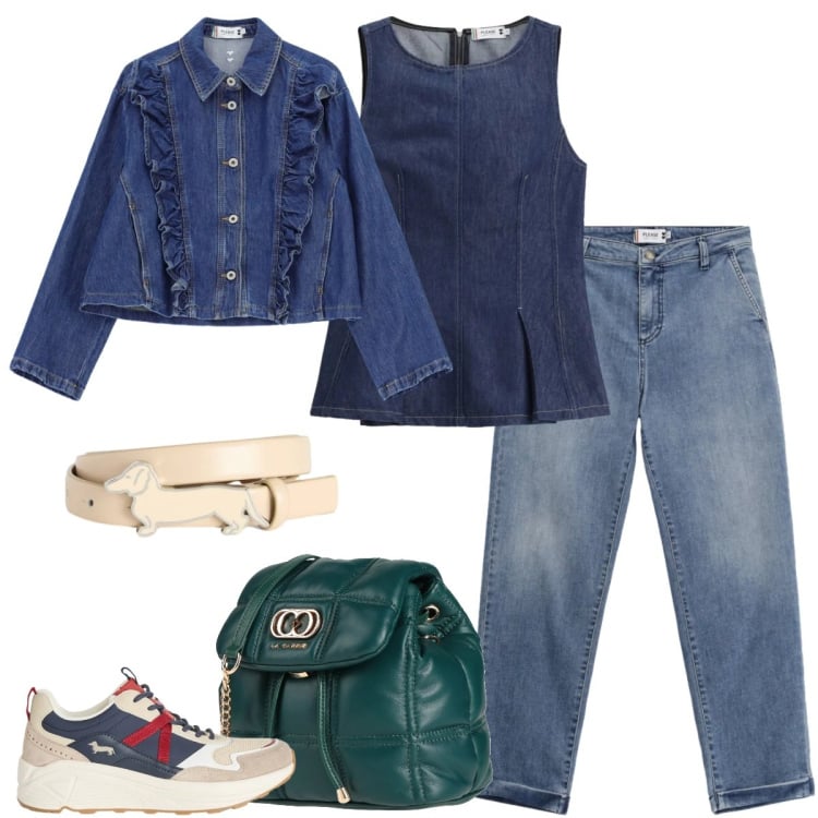Outfit donna - Total look #2358602. Stile Urban per Tutti i giorni. Abbinamento con valigie, sneakers, cinture, top, jeans, blazer.