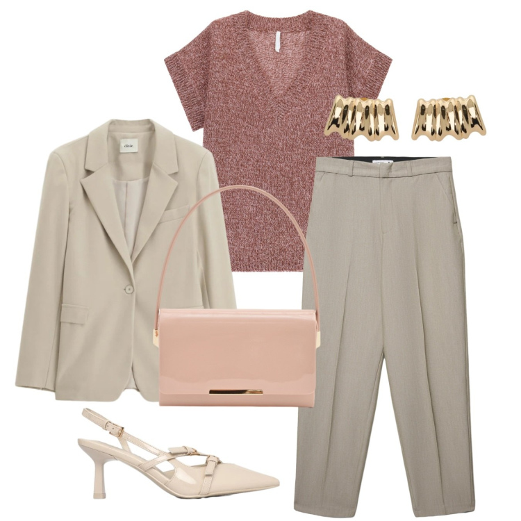 Outfit donna - Toni chiari. Stile Bon Ton per Ufficio. Abbinamento con pantaloni chino, décolleté, maglieria, blazer, orecchini, pochette.