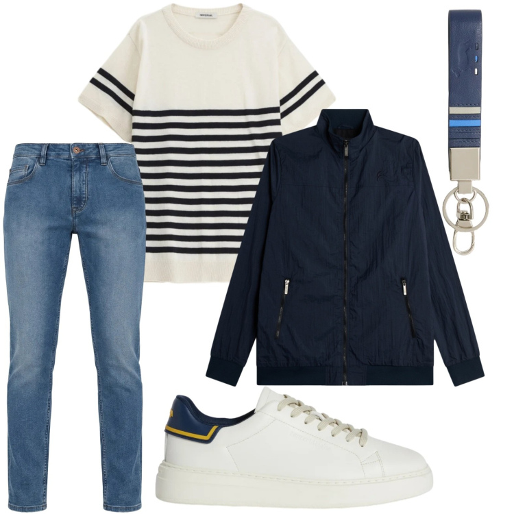 Outfit uomo - Righe. Stile Trendy per Tutti i giorni. Abbinamento con sneakers, jeans, portachiavi, maglieria, giacche.