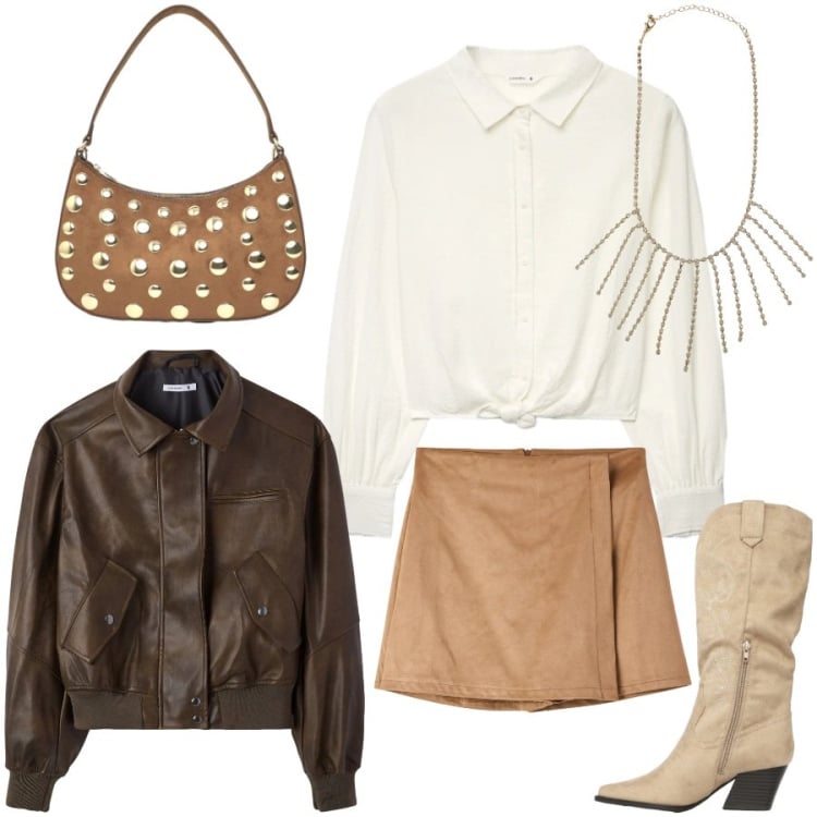 Outfit donna - Total look #2358609. Stile Trendy per Serata fuori. Abbinamento con giacche, borse a tracolla, minigonne, camicie, collane, stivali.