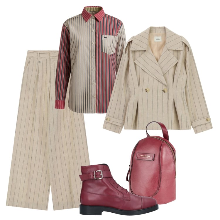 Outfit donna - Righe a contrasto. Stile Casual chic per Tutti i giorni. Abbinamento con zaini, stivaletti, camicie, blazer, pantaloni a palazzo.
