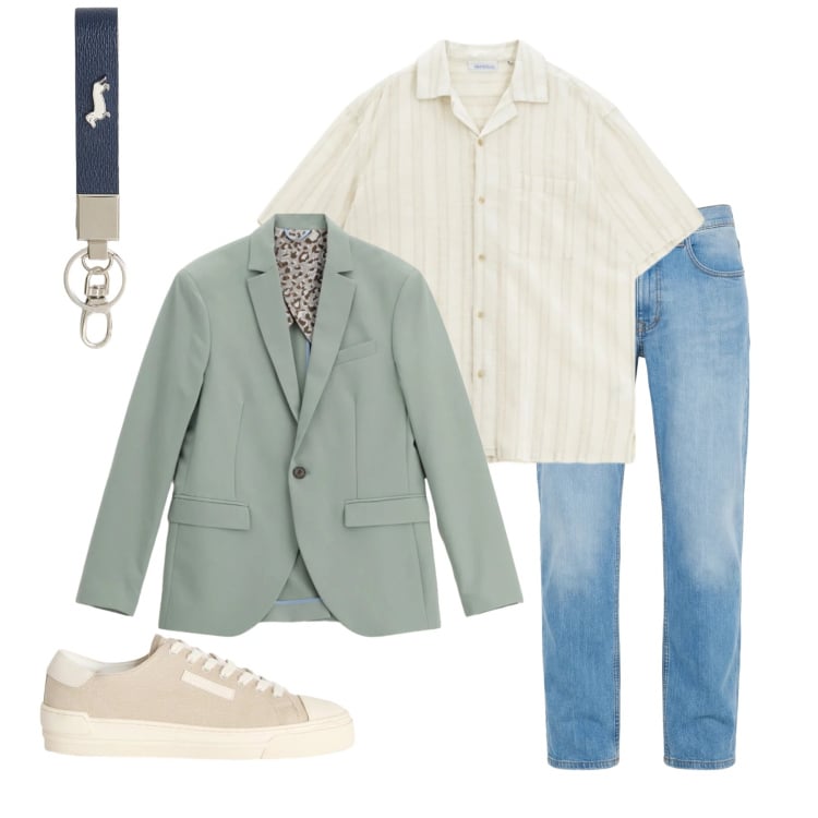 Outfit uomo - Riviera Style Moderno. Stile Trendy per Tutti i giorni. Abbinamento con jeans, sneakers, portachiavi, giacche, camicie a manica corta.