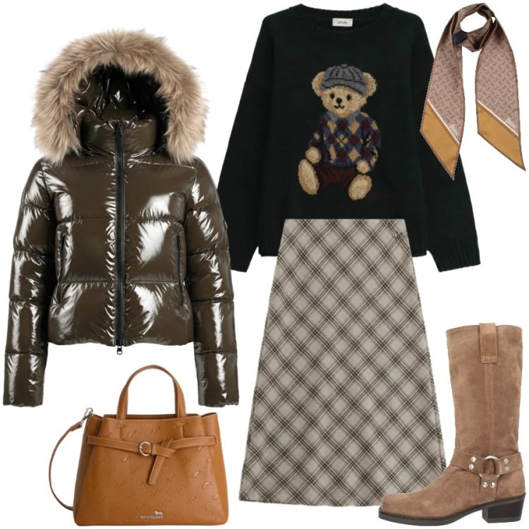 Outfit donna - Total look #2358627. Stile Casual chic per Tutti i giorni. Abbinamento con stivali, sciarpe, borse a mano, gonne longuette, maglieria, piumini.