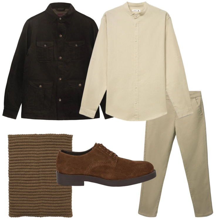 Outfit uomo - Dinamico. Stile Trendy per Tutti i giorni. Abbinamento con pantaloni chino, scaldacollo, camicie, scarpe stringate, cappotti.