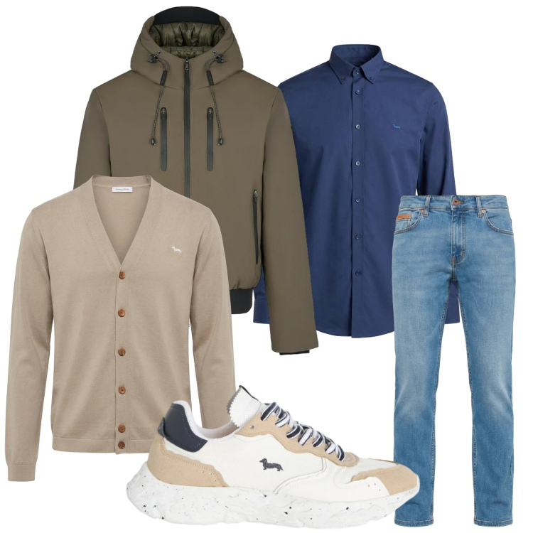 Outfit uomo - Capi moderni. Stile Trendy per Tutti i giorni. Abbinamento con cardigans, jeans, camicie, sneakers, giacche.