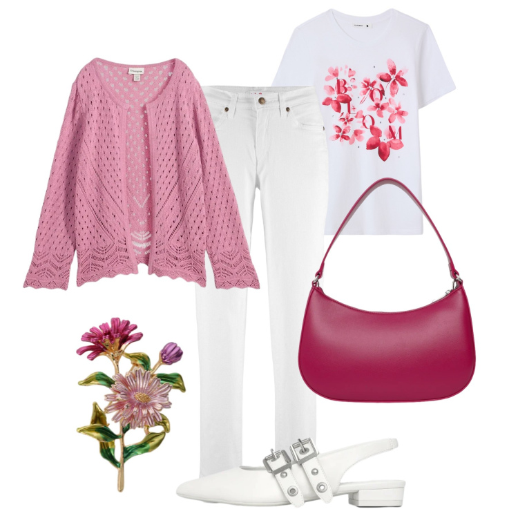 Outfit donna - Fiori rosa. Stile Casual per Tutti i giorni. Abbinamento con cardigans, jeans mom, ballerine, borse a tracolla, t-shirt, cappotti.