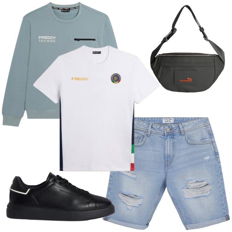 Outfit uomo - Casual Estivo Dinamico. Stile Urban per Tutti i giorni. Abbinamento con sneakers, borse sportive, bermuda, felpe, t-shirt sportive.