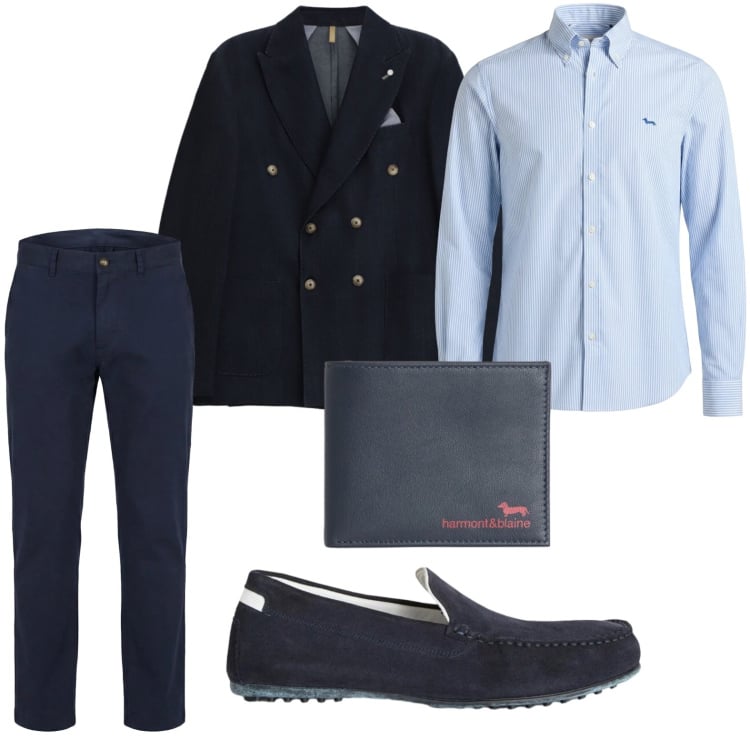 Outfit uomo - Vestirsi di blu notte. Stile Casual per Serata speciale. Abbinamento con scarpe stringate, portafogli, pantaloni cargo, camicie, giacche.