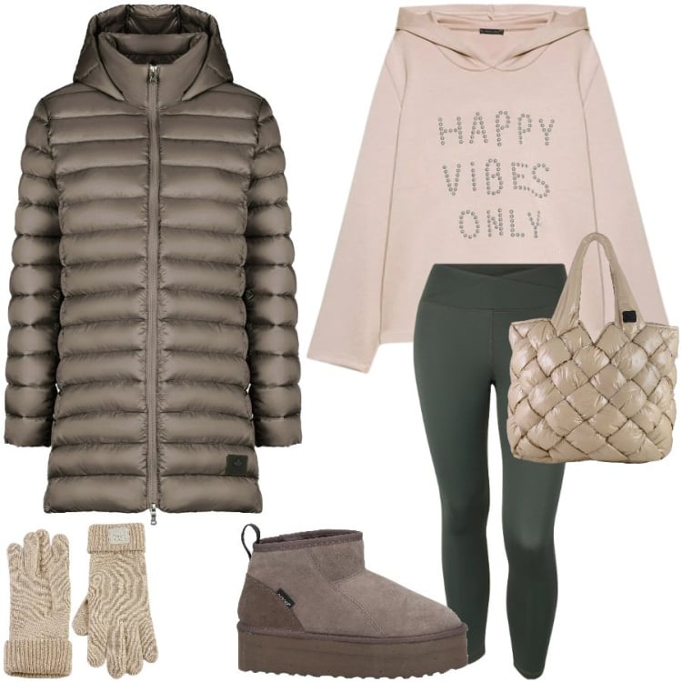 Outfit donna - Tempo libero. Stile Sporty chic per Tutti i giorni. Abbinamento con stivaletti, felpe con cappuccio, leggings, piumini, borse tote, guanti.