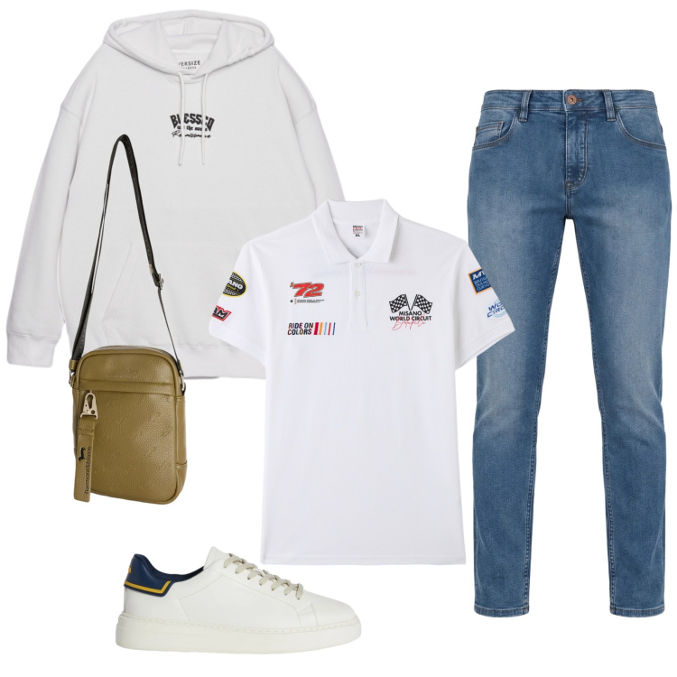Outfit uomo - Streetwear Dinamico e Confortevole. Stile Casual per Tutti i giorni. Abbinamento con sneakers, jeans, borse sportive, polo, felpe con cappuccio.
