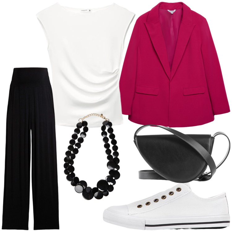 Outfit donna - Total look #2358691. Stile Casual chic per Tutti i giorni. Abbinamento con pantaloni, sneakers, borse a tracolla, blazer, top, collane.