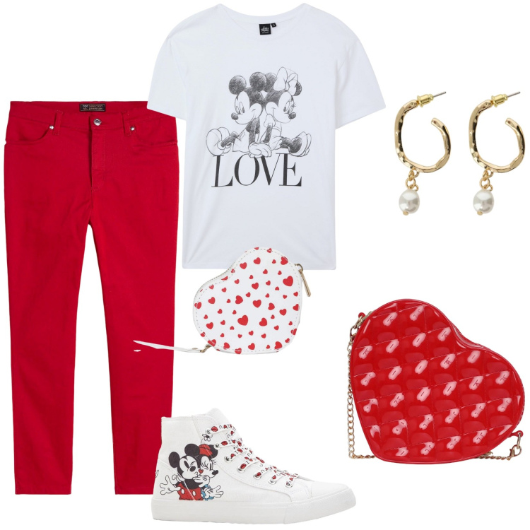 Outfit donna - Relaxed. Stile Casual per Tutti i giorni. Abbinamento con pantaloni, sneakers alte, t-shirt, portafogli, borse a tracolla, orecchini.