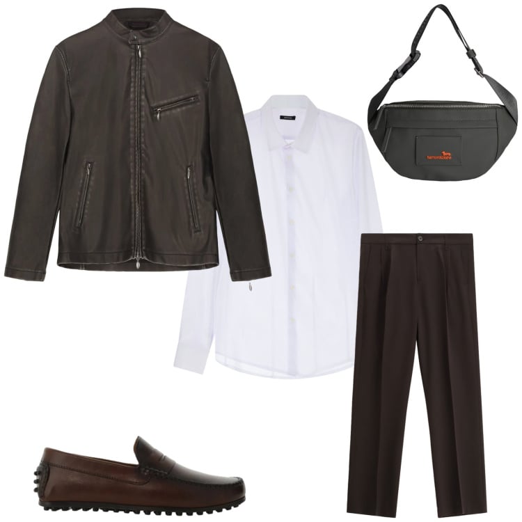 Outfit uomo - Dark Elegance & Urban Edge. Stile Urban per Tutti i giorni. Abbinamento con borse sportive, camicie, pantaloni, scarpe stringate, giacche.