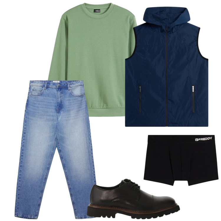 Outfit uomo - Casual Multistrato e Funzionale. Stile Trendy per Tutti i giorni. Abbinamento con felpe, scarpe stringate, jeans, boxer, piumini.