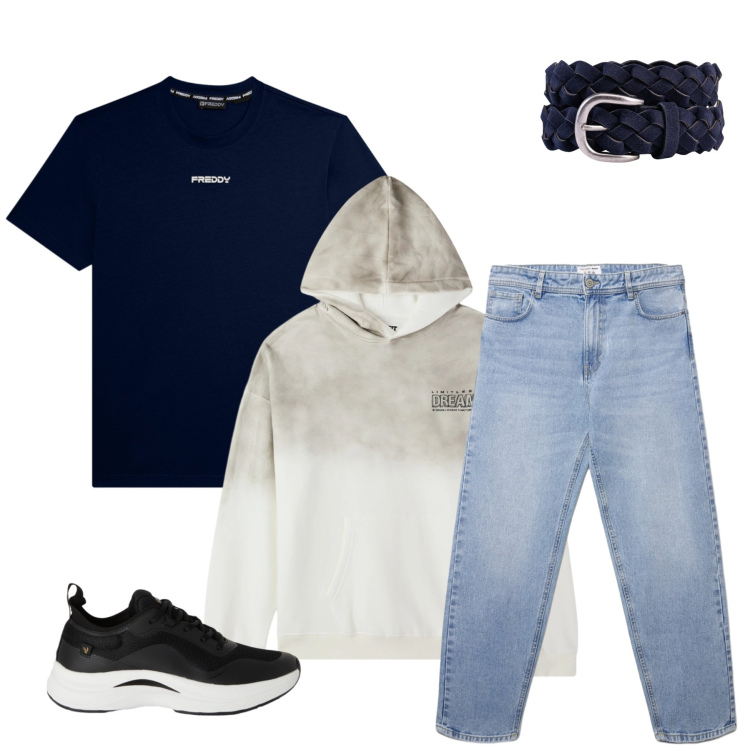 Outfit uomo - Blue Gradient. Stile Trendy per Tutti i giorni. Abbinamento con felpe con cappuccio, jeans, sneakers, t-shirt, cinture.