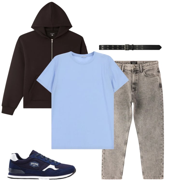 Outfit uomo - Blue Sky & Coffee. Stile Trendy per Tutti i giorni. Abbinamento con sneakers, t-shirt, jeans dritti, felpe con cappuccio, cinture.