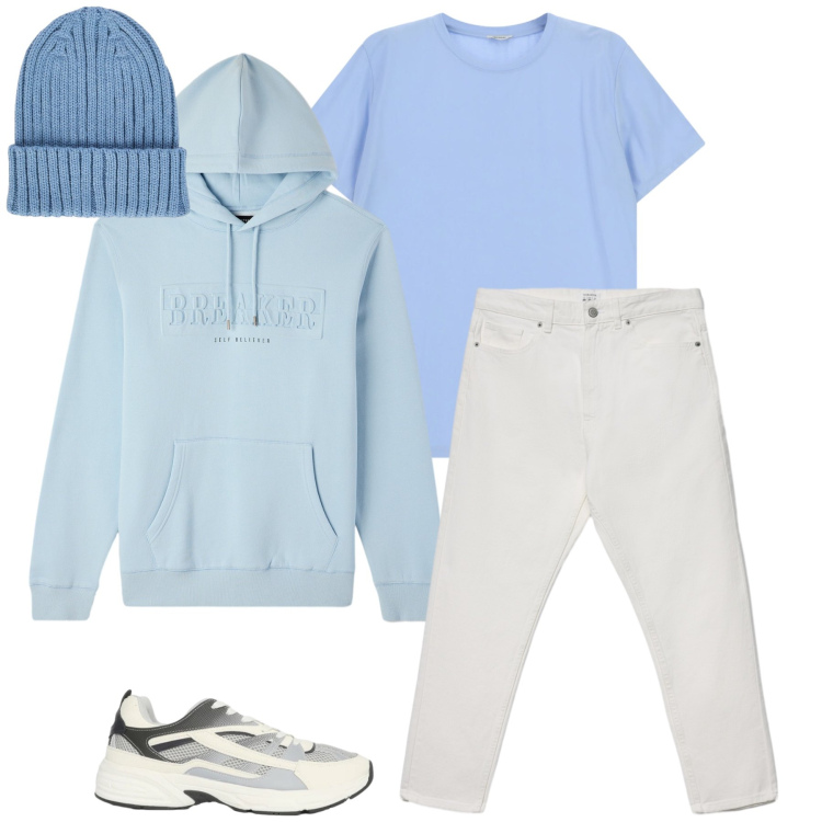 Outfit uomo - Sky High. Stile Trendy per Tutti i giorni. Abbinamento con t-shirt, felpe con cappuccio, sneakers, jeans, berretti.