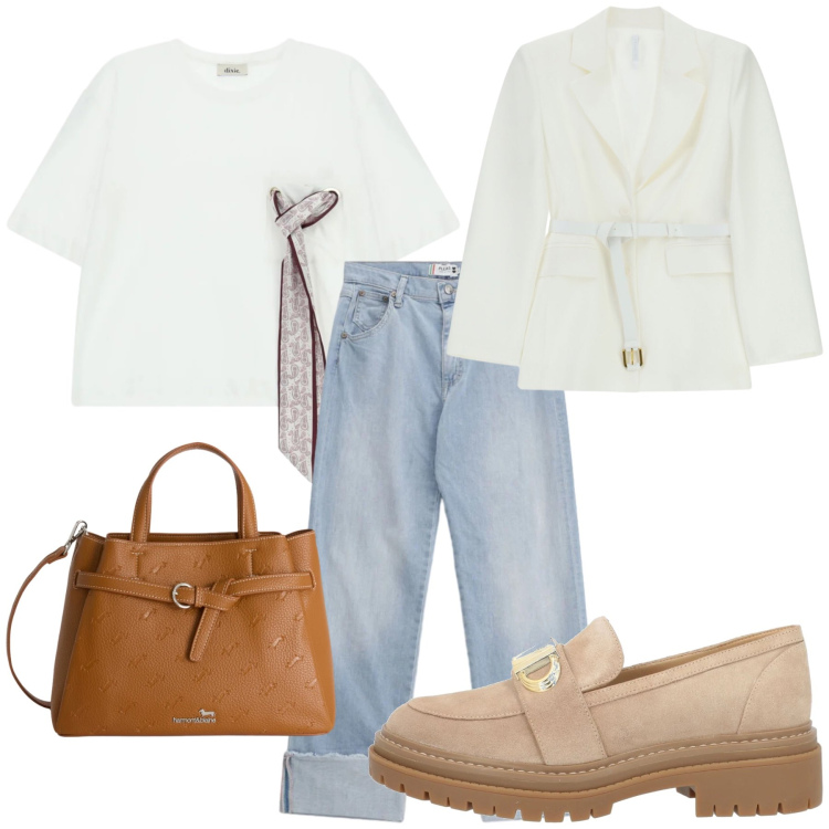 Outfit donna - Total look #2358734. Stile Casual chic per Ufficio. Abbinamento con mocassini, borse a mano, blazer, t-shirt, jeans dritti.