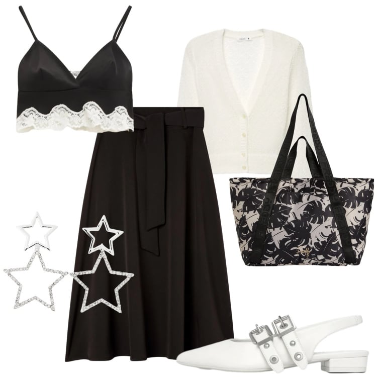 Outfit donna - Raso e pizzo. Stile Chic per Tutti i giorni. Abbinamento con orecchini, gonne lunghe, cardigans, ballerine, top, shopping bag.