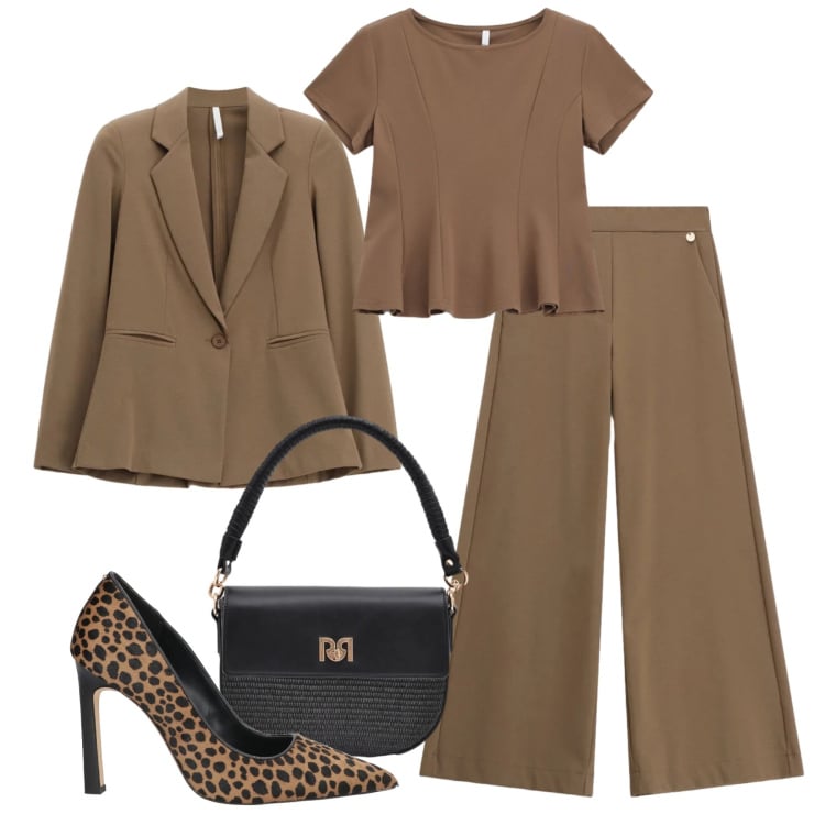 Outfit donna - Total avana Imperial. Stile Chic per Serata fuori. Abbinamento con décolleté, borse a spalla, pantaloni a palazzo, top, blazer.
