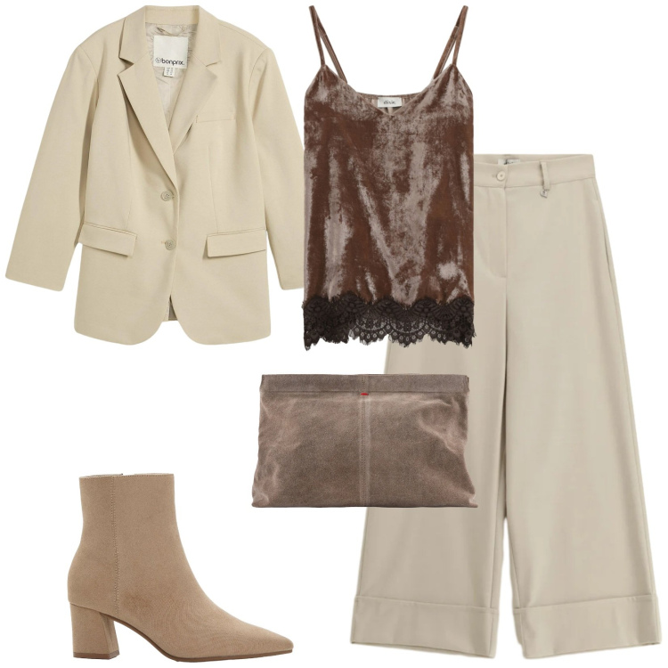 Outfit donna - Total look #2358760. Stile Chic per Cerimonia. Abbinamento con stivaletti, blazer, pantaloni a palazzo, top, pochette.