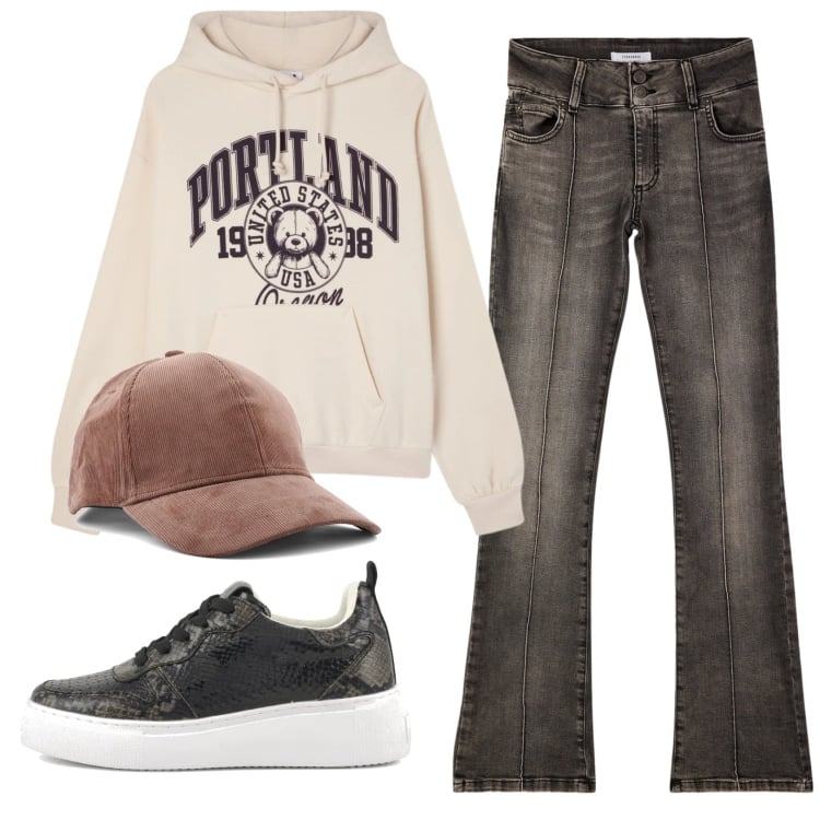 Outfit donna - Total look #2358781. Stile Casual per Tutti i giorni. Abbinamento con felpe con cappuccio, jeans, cappelli con visiera, sneakers.