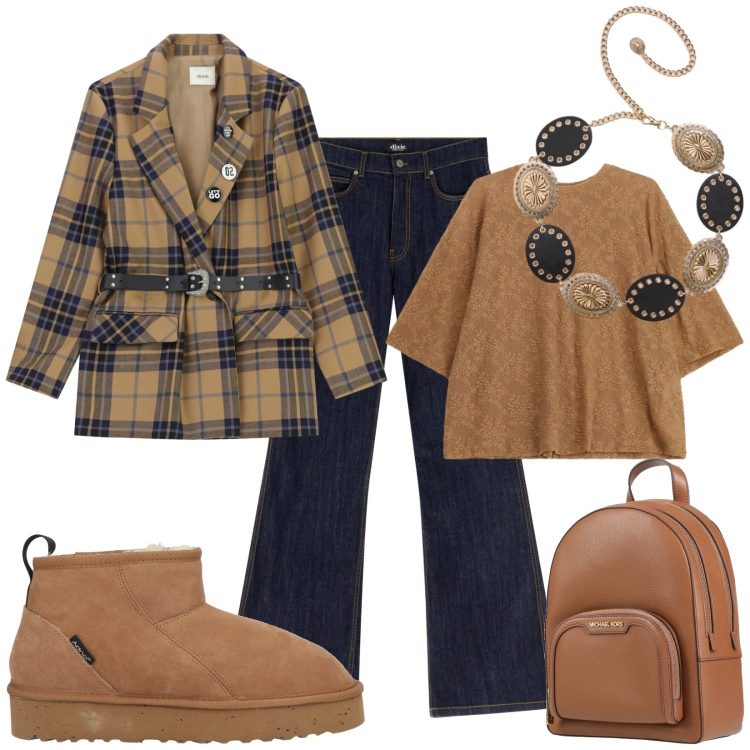 Outfit donna - Quadri e jeans. Stile Urban per Tutti i giorni. Abbinamento con zaini, stivaletti, bluse, cinture, jeans a zampa, blazer.