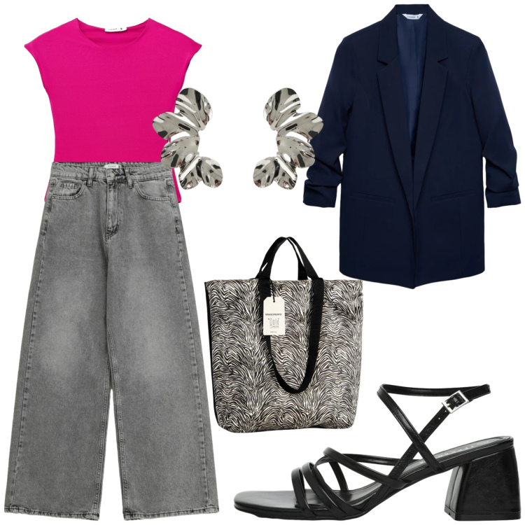 Outfit donna - Total look #2358784. Stile Casual chic per Tutti i giorni. Abbinamento con top, blazer, sandali col tacco, orecchini, jeans, borse tote.