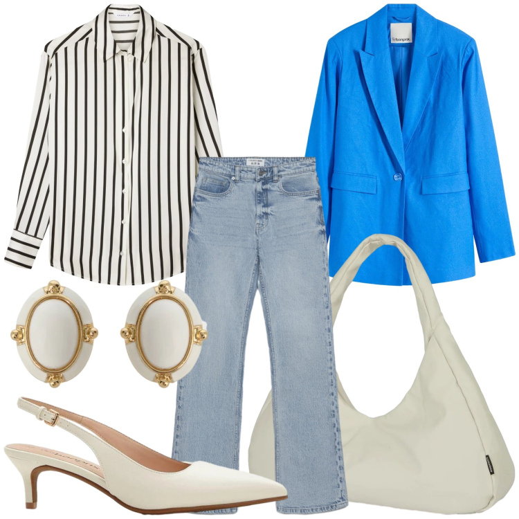 Outfit donna - Total look #2358786. Stile Trendy per Ufficio. Abbinamento con blazer, décolleté, camicie, jeans bootcut, orecchini, borse a spalla.