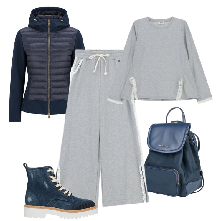 Outfit donna - Vento di marzo. Stile Casual per Tutti i giorni. Abbinamento con stivaletti, zaini, giacche, pantaloni a palazzo, t-shirt.