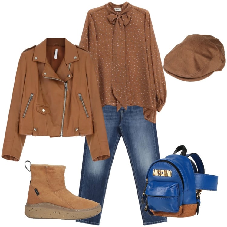 Outfit donna - Marrone e blu. Stile Trendy per Serata fuori. Abbinamento con cappelli, marsupi, stivaletti, giacche, camicie, jeans.