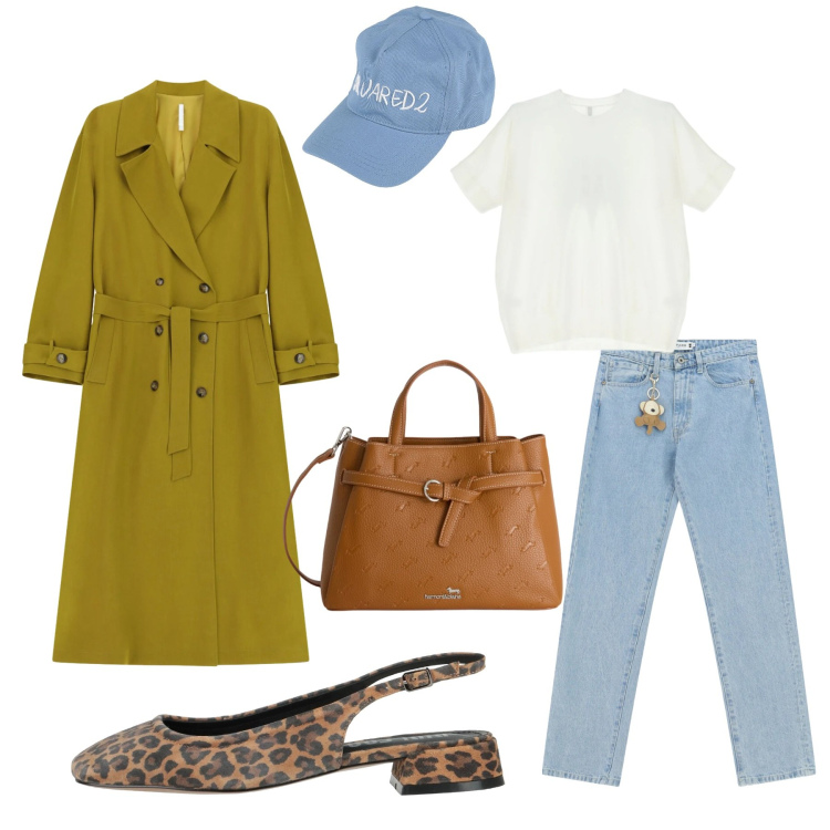 Outfit donna - Un trench a marzo. Stile Glamour per Tutti i giorni. Abbinamento con cappelli con visiera, ballerine, borse a mano, t-shirt, trench, jeans dritti.