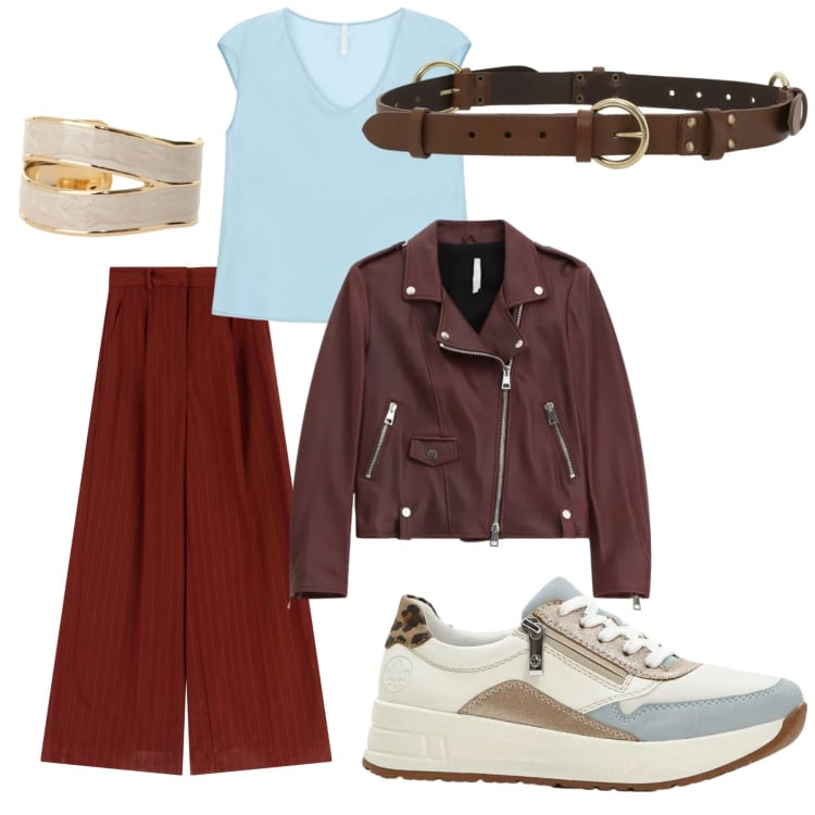 Outfit donna - Primavera Burgundy. Stile Casual per Tutti i giorni. Abbinamento con sneakers, top, giacche, cinture, anelli, pantaloni a palazzo.
