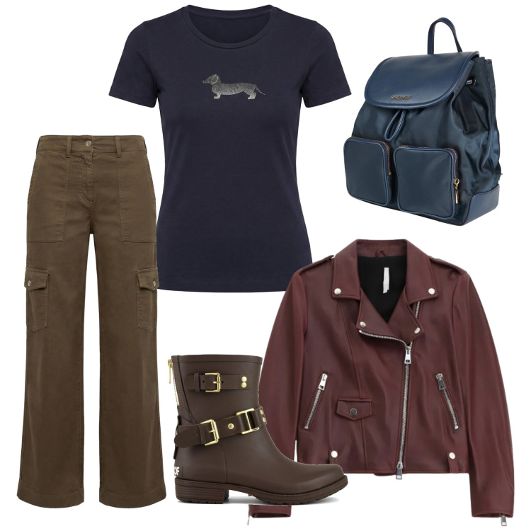 Outfit donna - Primavera Burgundy_2. Stile Casual per Tutti i giorni. Abbinamento con zaini, pantaloni cargo, t-shirt, giacche, stivali.