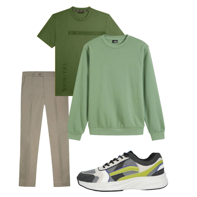 Outfit uomo - Green code. Stile Casual per Tutti i giorni. Abbinamento con felpe, sneakers, t-shirt, pantaloni chino.
