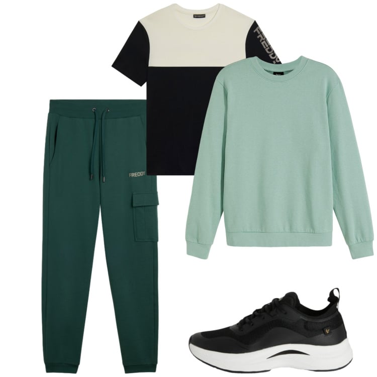 Outfit uomo - Sport. Stile Casual per Sport. Abbinamento con felpe, sneakers, t-shirt, pantaloni cargo.